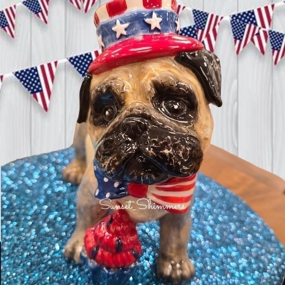 Patriotic Blue Sky PUG DOG July 4th Red White Blue Stars w Bow Tie & Cupcake New - Picture 2 of 11